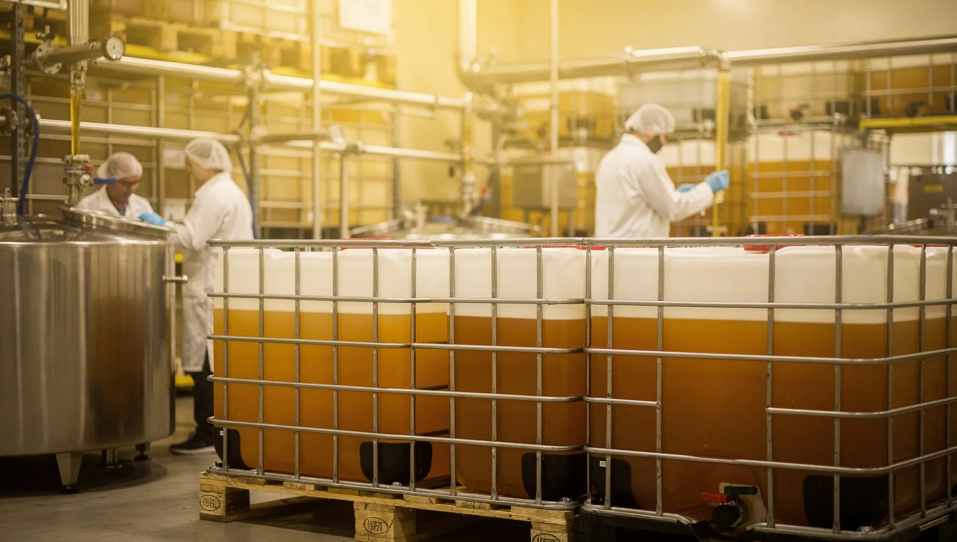 Miele B2B, il contenitore che fa salire l'HMF senza farsi notare 1 Fusti in acciaio inox e contenitori IBC in plastica in un magazzino di lavorazione del miele